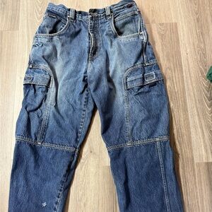 Vintage FUBU Dark Wash Cargo Wide Leg Baggy Denim Mens Y2K 36x34 Skater